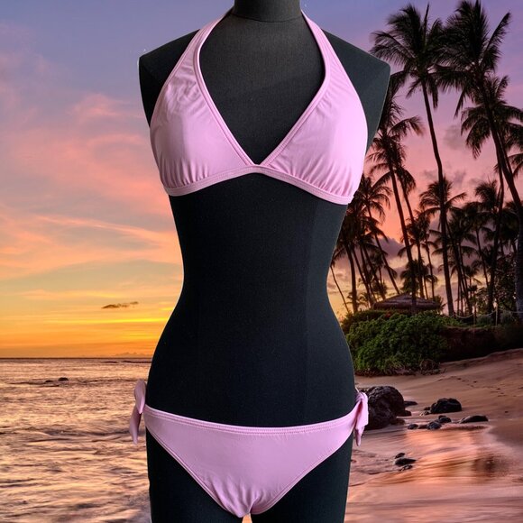 Billabong BLUE CRUSH era Vintage bikini baby pink solid halter top set RARE - Picture 1 of 7
